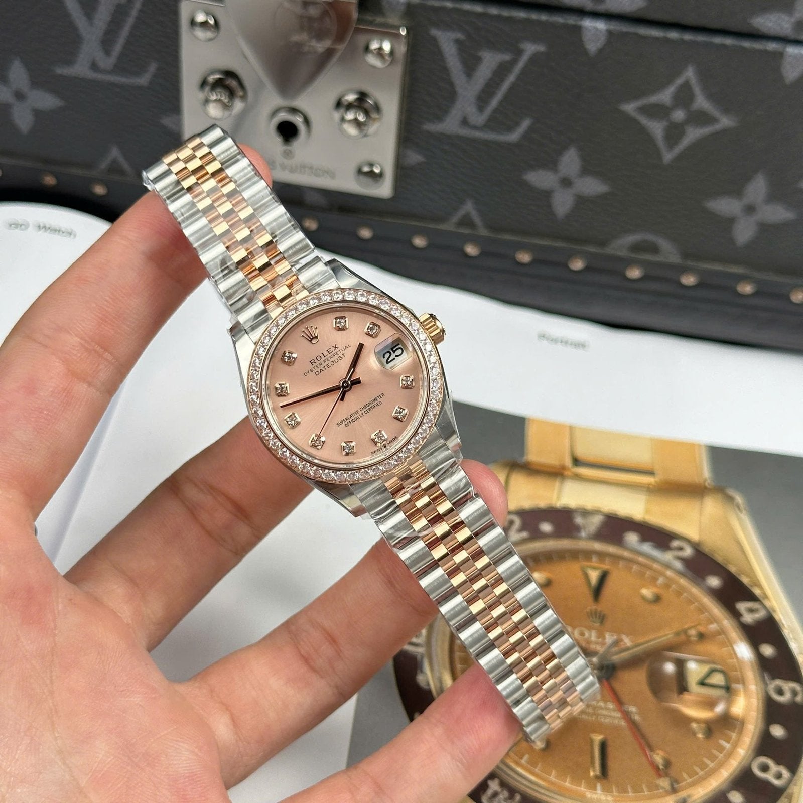 Rolex DateJust Women Demi Rose Gold Watch Pink Dial 31mm