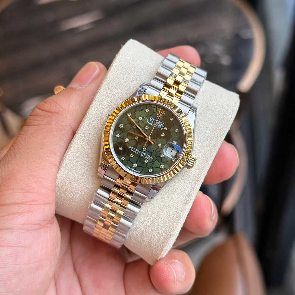Rolex DateJust Watch Demi Gold Green Leaf Dial 31mm
