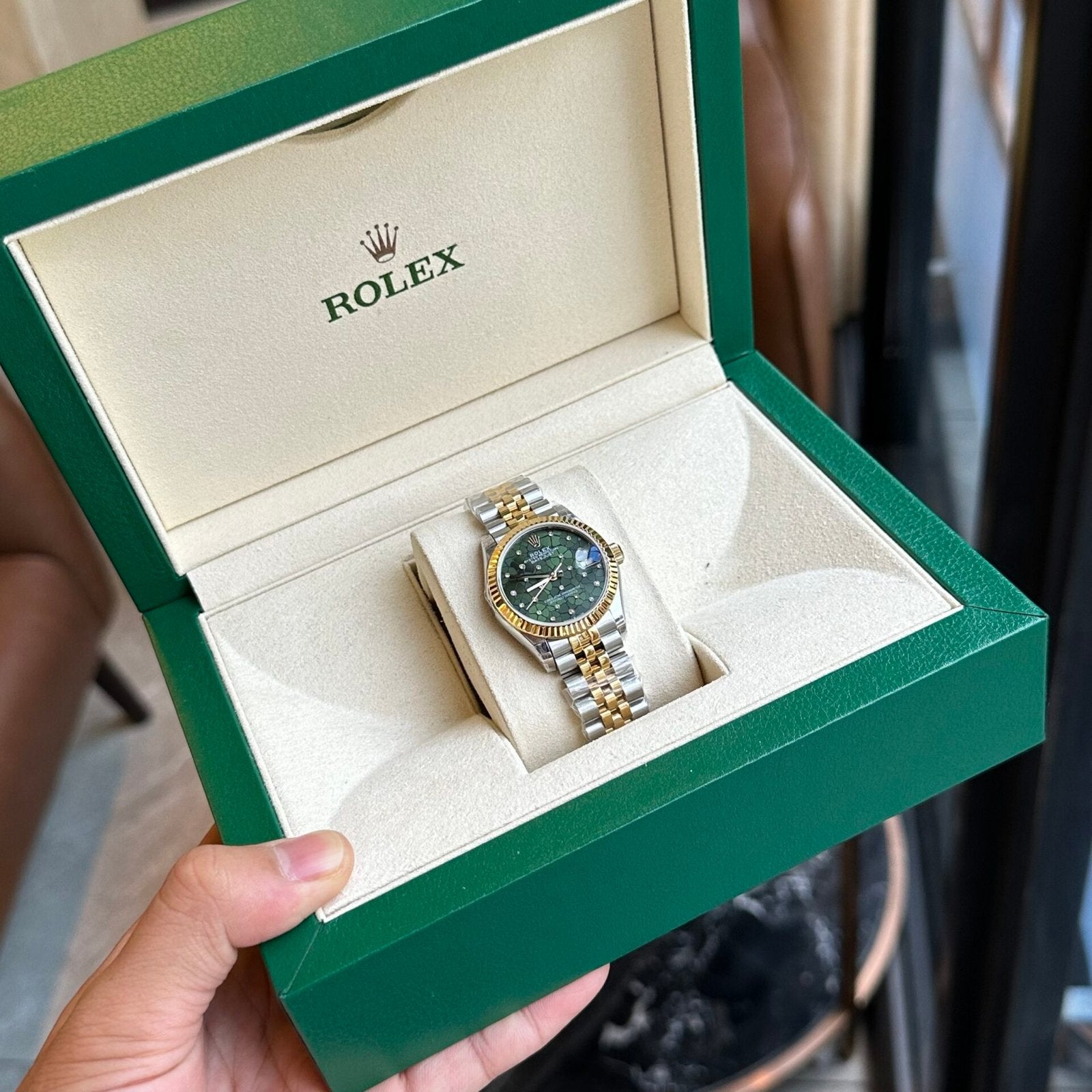 Rolex DateJust Watch Demi Gold Green Leaf Dial 31mm