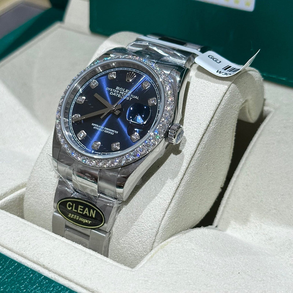 Rolex Date Just Watch With Moissanite Diamond Blue Dial 41mm