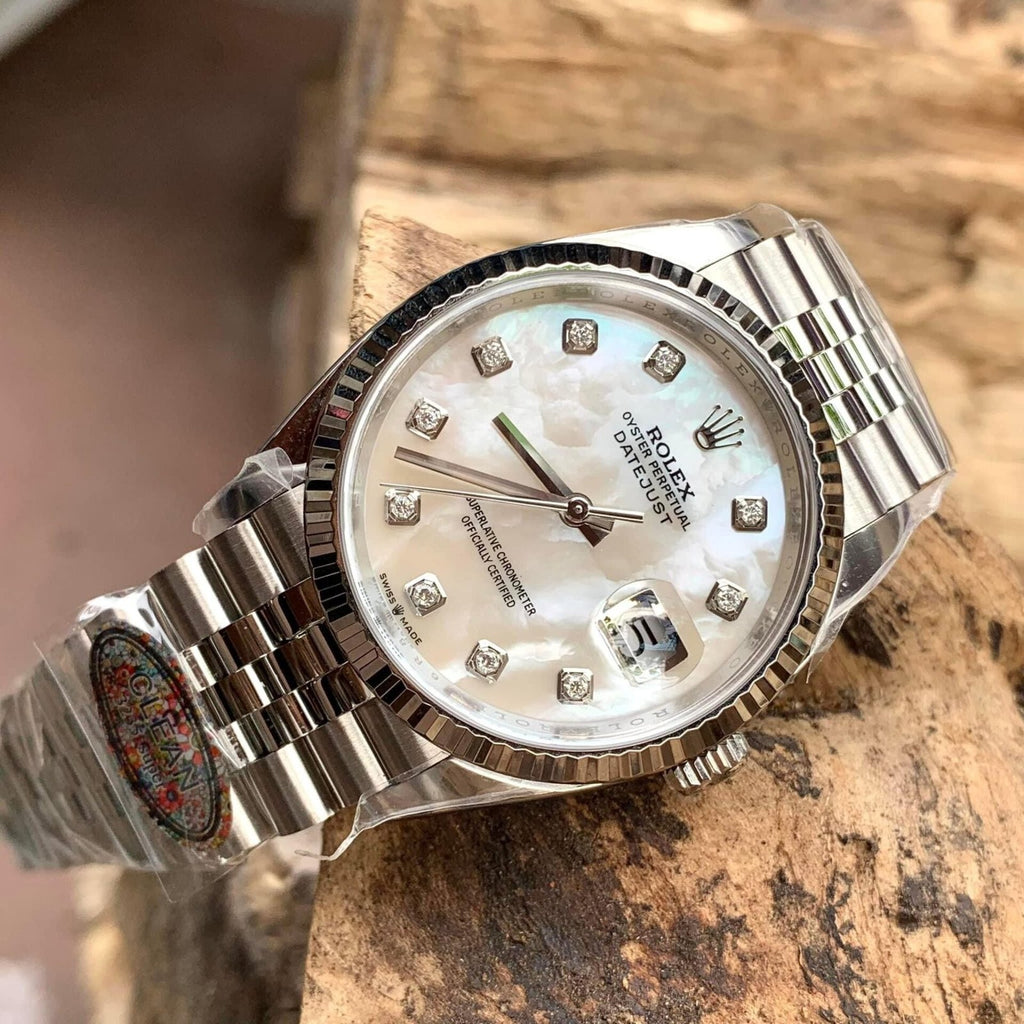 Rolex DateJust Watch Natural Mother of Pearl Dial Moissanite 41mm