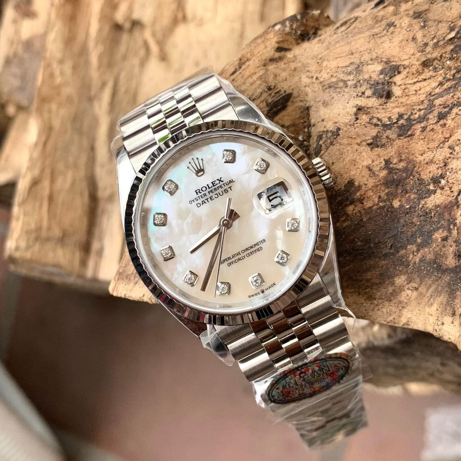 Rolex DateJust Watch Natural Mother of Pearl Dial Moissanite 41mm
