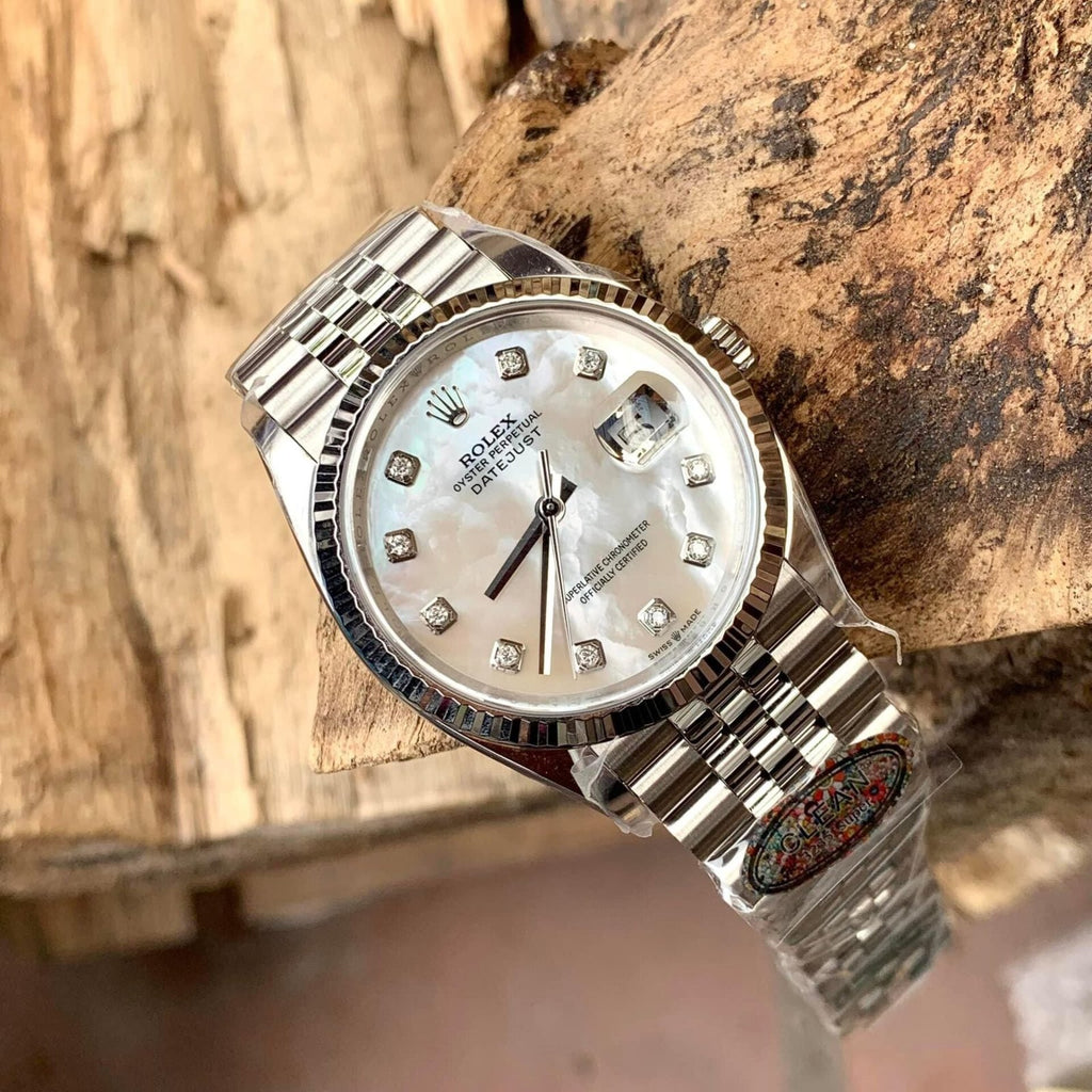 Rolex DateJust Watch Natural Mother of Pearl Dial Moissanite 41mm
