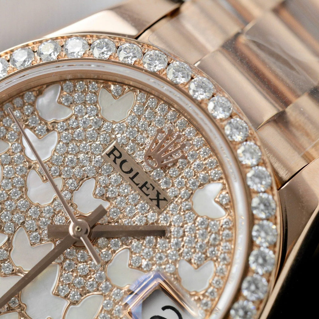 Rolex DateJust Butterfly Dial Watch Rose Gold Wrapped 18K + Diamonds Moissanite 31mm