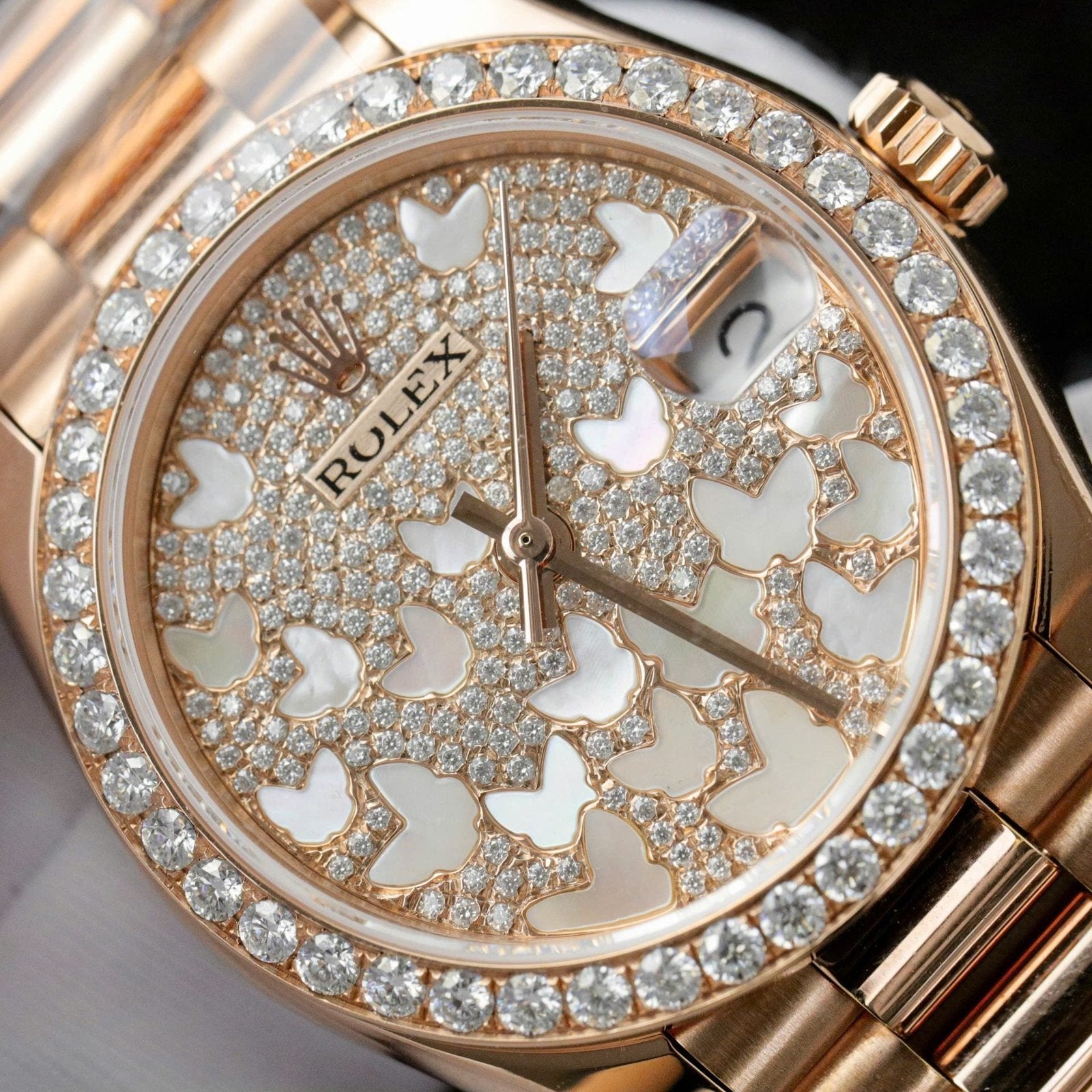 Rolex DateJust Butterfly Dial Watch Rose Gold Wrapped 18K + Diamonds Moissanite 31mm