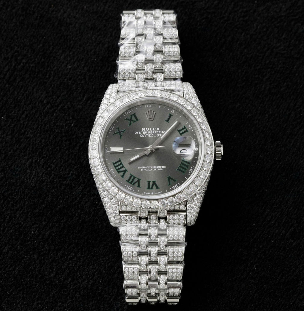 Rolex DateJust Watch Dial Wimbledon Full Moissanite Diamonds 41mm
