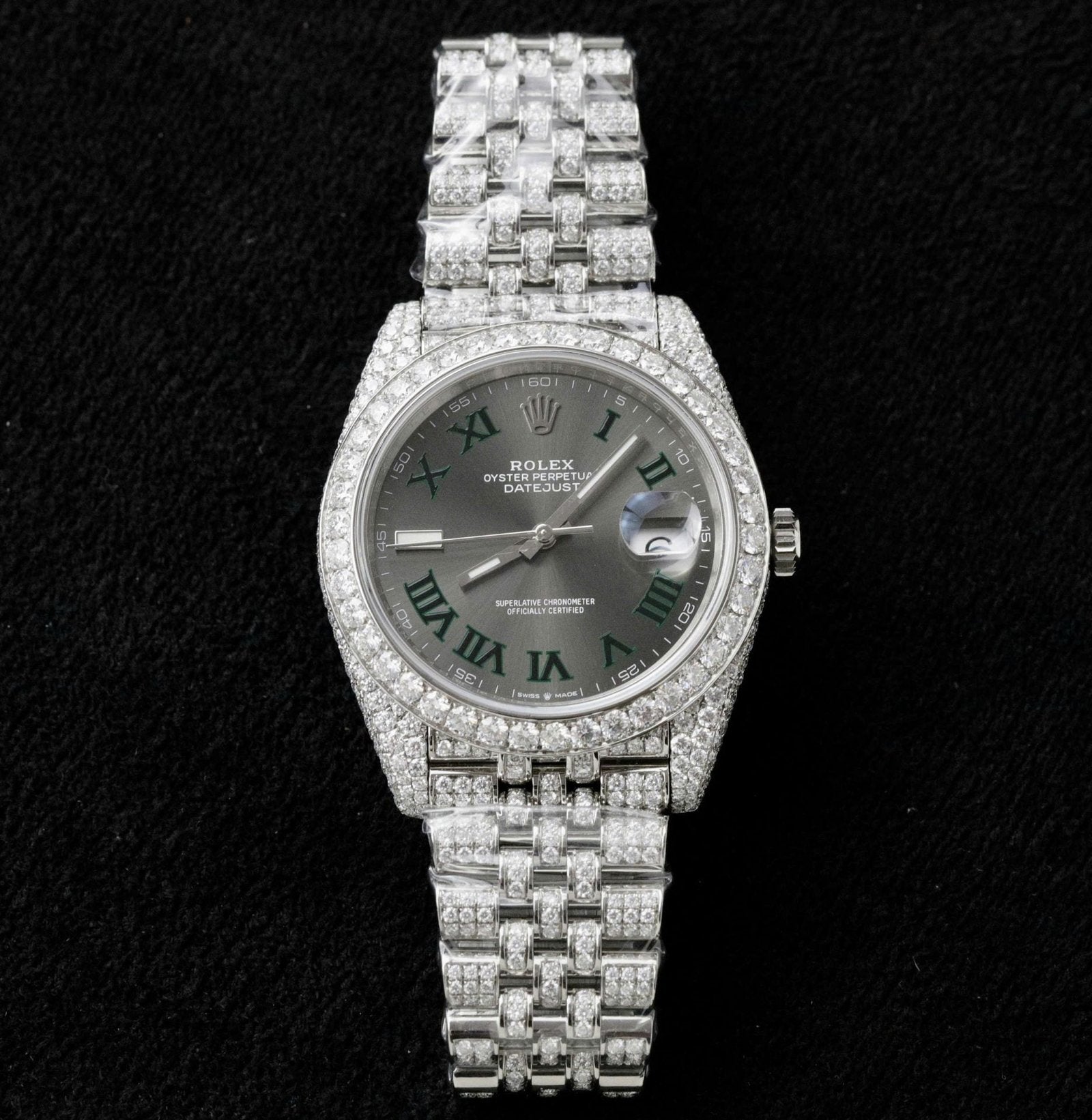 Rolex DateJust Watch Dial Wimbledon Full Moissanite Diamonds 41mm