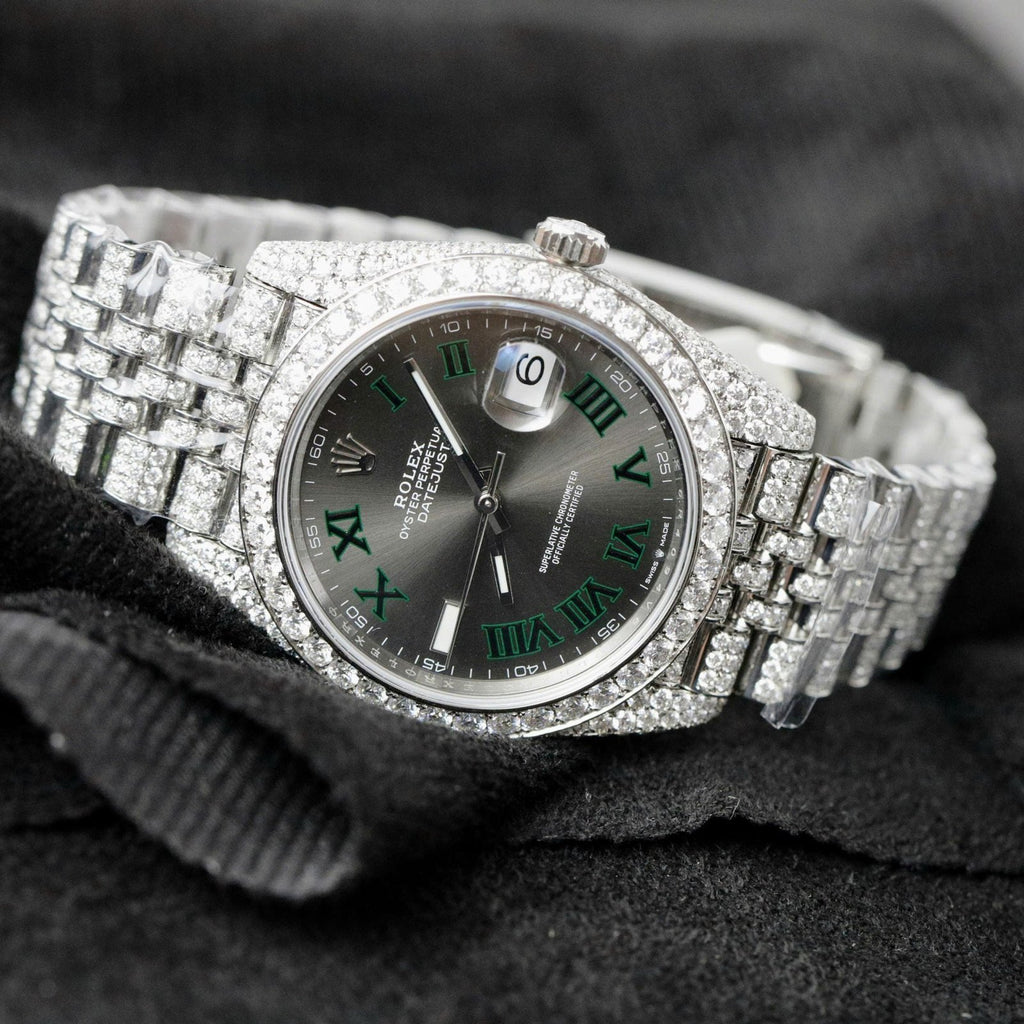 Rolex DateJust Watch Dial Wimbledon Full Moissanite Diamonds 41mm
