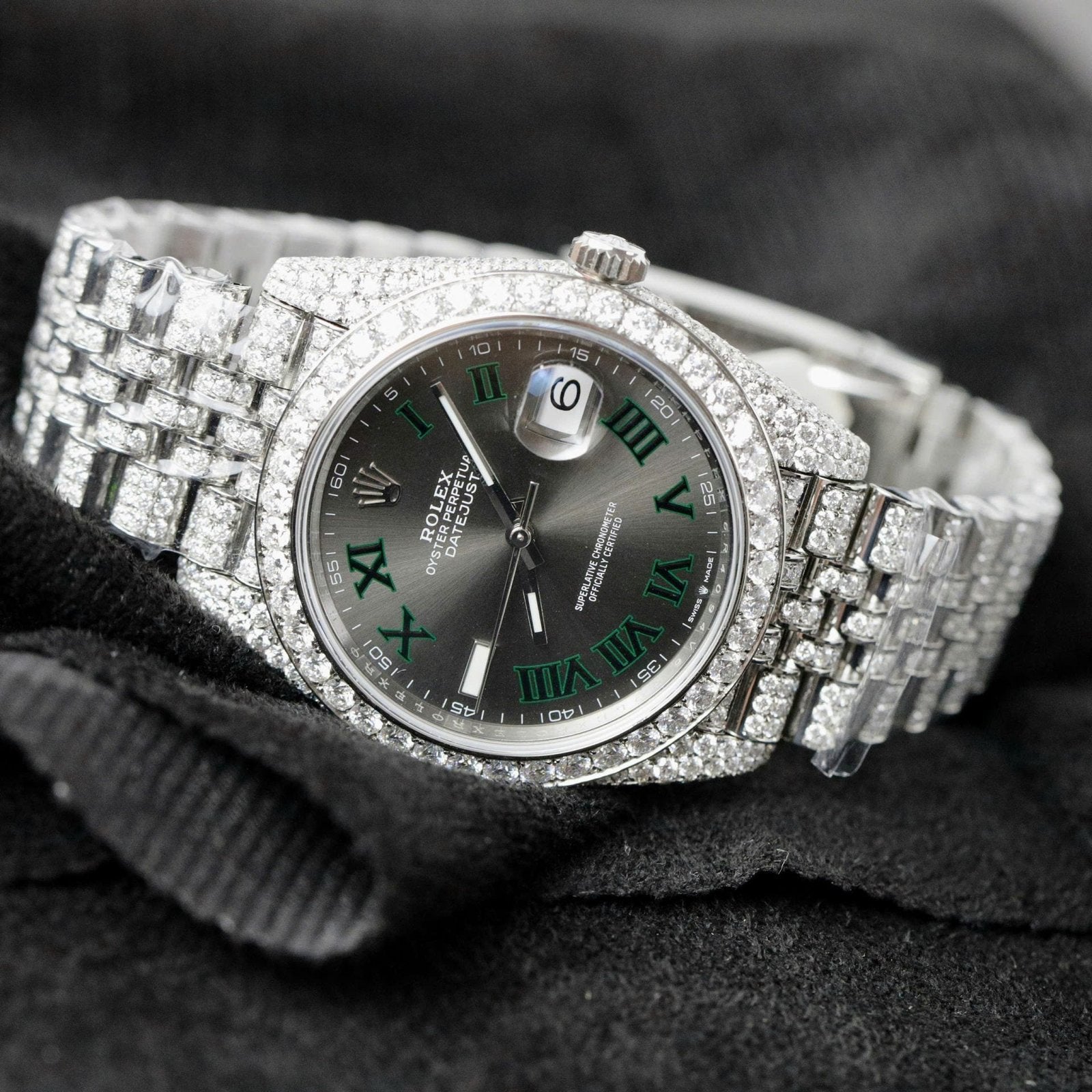 Rolex DateJust Watch Dial Wimbledon Full Moissanite Diamonds 41mm