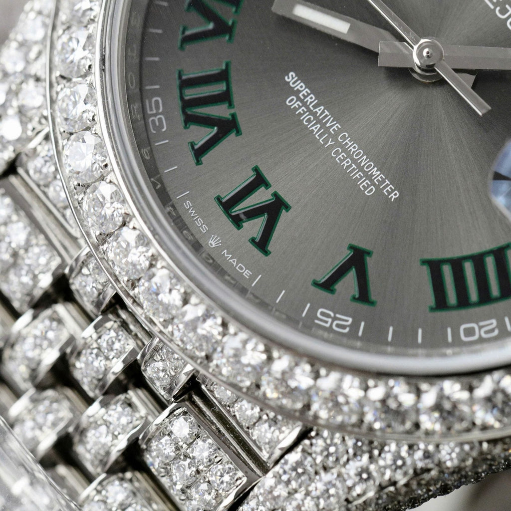 Rolex DateJust Watch Dial Wimbledon Full Moissanite Diamonds 41mm