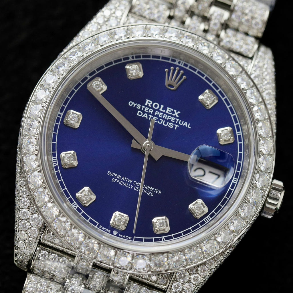 Rolex DateJust Blue Dial Watch Moissanite Diamonds 36mm