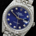 Rolex DateJust Blue Dial Watch Moissanite Diamonds 36mm