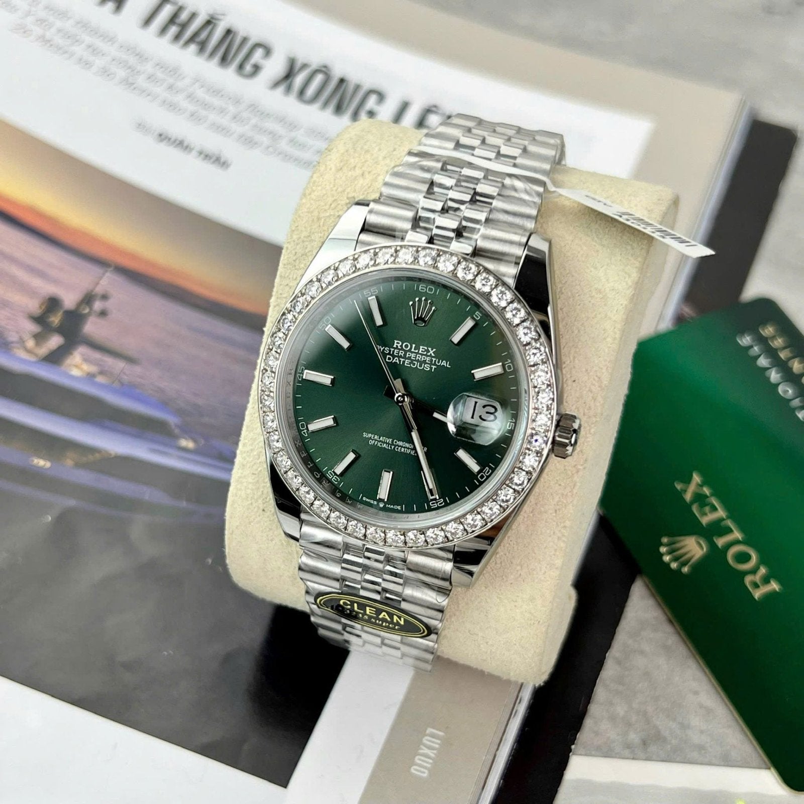 Rolex DateJust Green Dial Watch Moissanite Diamonds 41mm