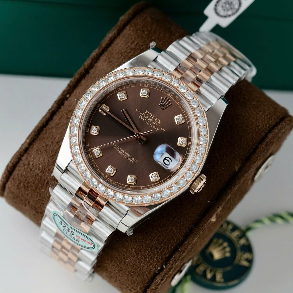 Rolex DateJust  Men Chocolate Dial Watch Bezel Diamonds Moissanite 41mm