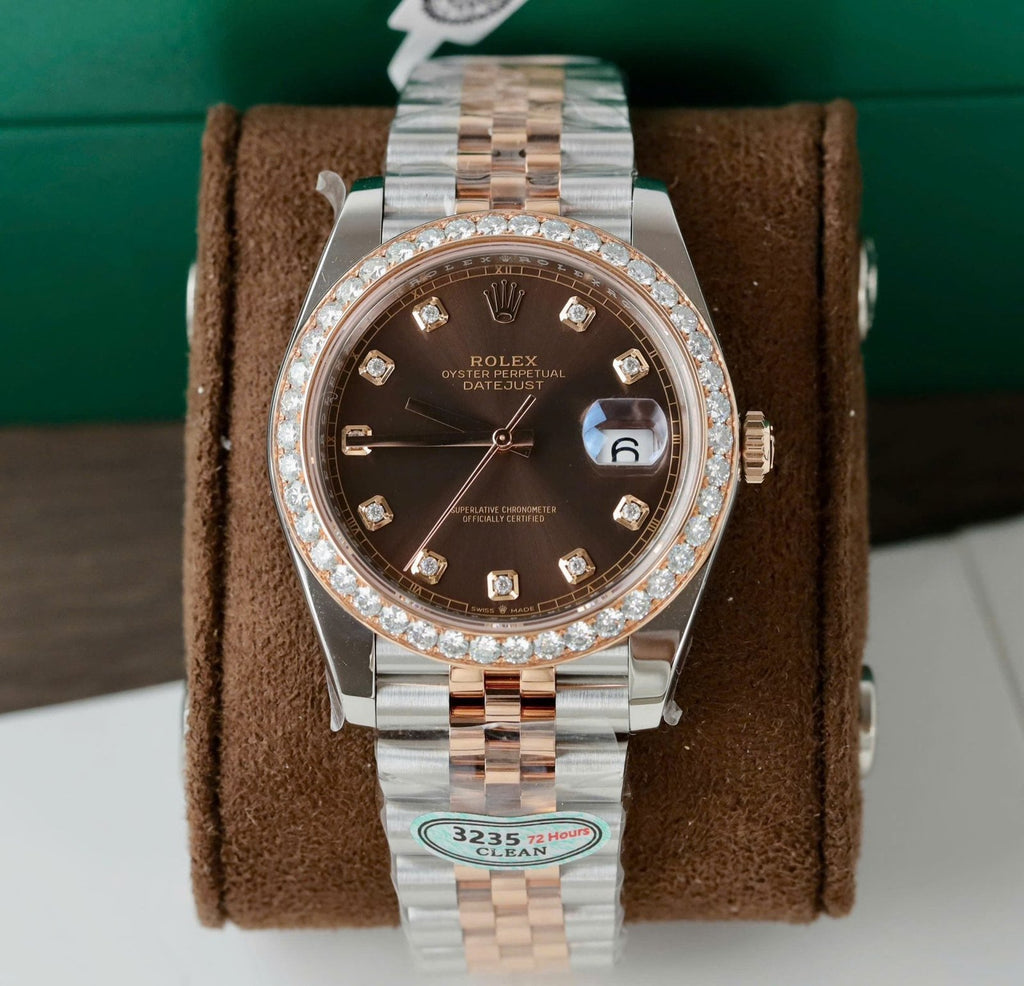 Rolex DateJust  Men Chocolate Dial Watch Bezel Diamonds Moissanite 41mm