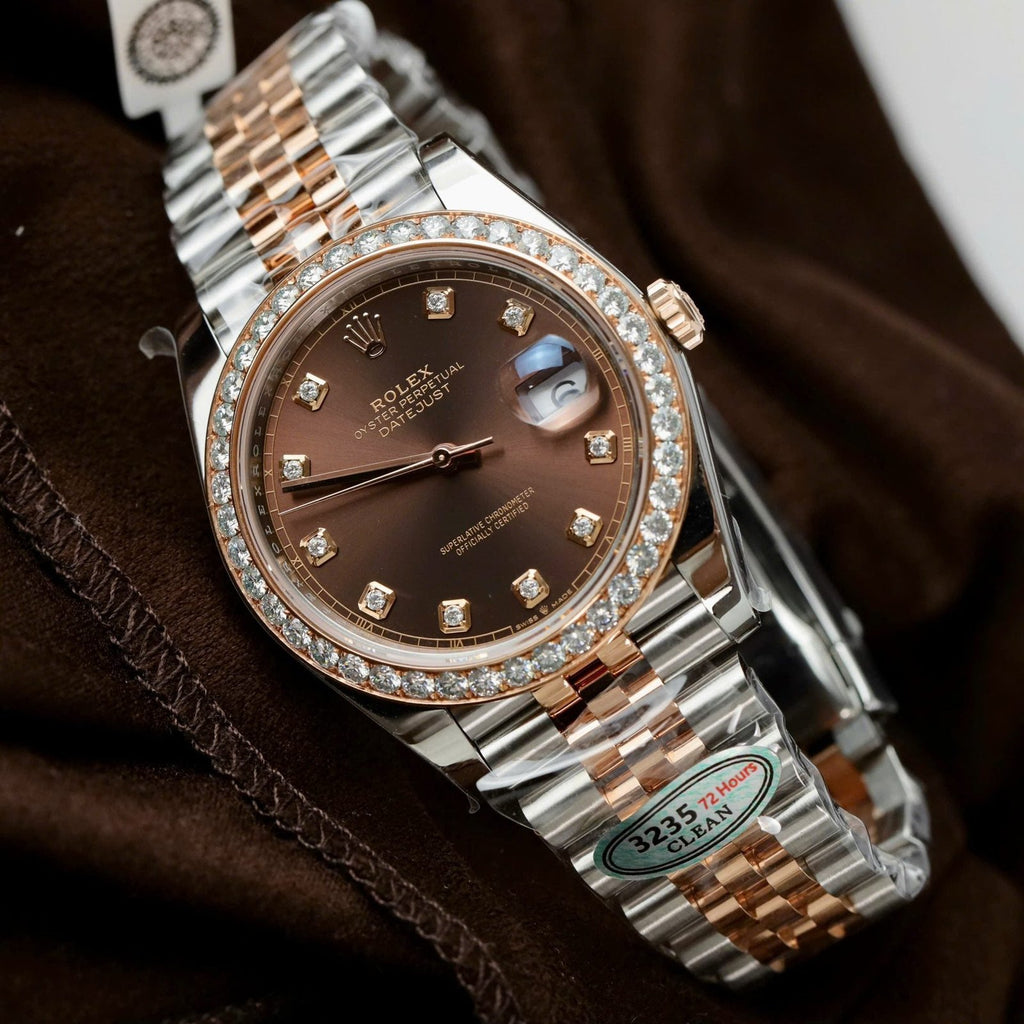 Rolex DateJust  Men Chocolate Dial Watch Bezel Diamonds Moissanite 41mm