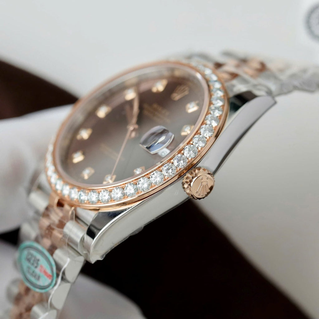 Rolex DateJust  Men Chocolate Dial Watch Bezel Diamonds Moissanite 41mm