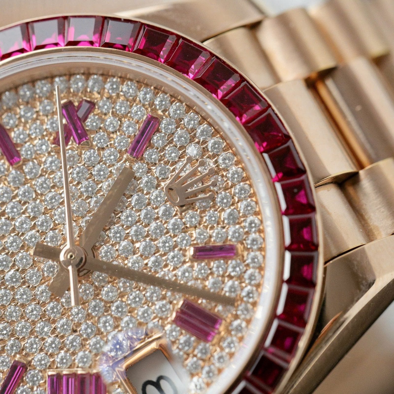 Rolex DateJust Women Gold Wrapped + Ruby Baguette + Diamonds Moissanite 31mm