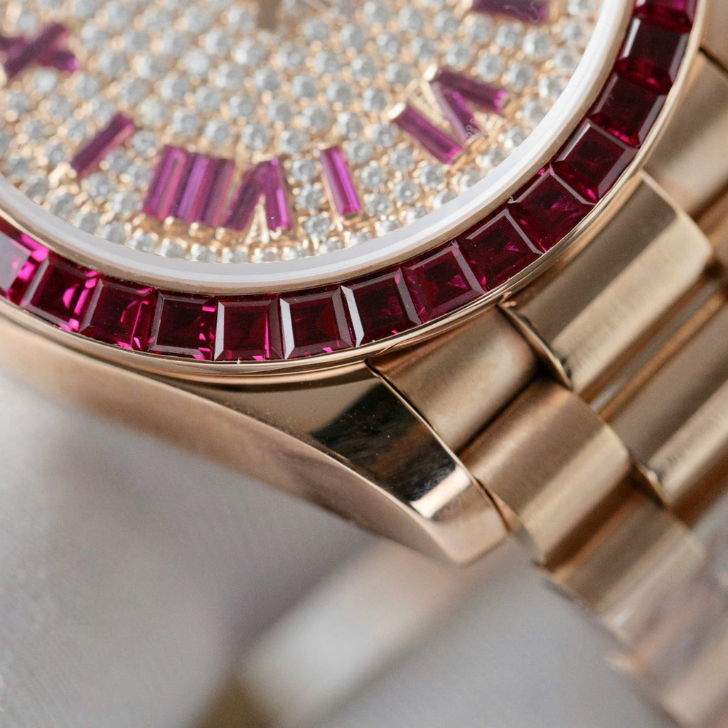 Rolex DateJust Women Gold Wrapped + Ruby Baguette + Diamonds Moissanite 31mm