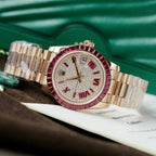 Rolex DateJust Women Gold Wrapped + Ruby Baguette + Diamonds Moissanite 31mm