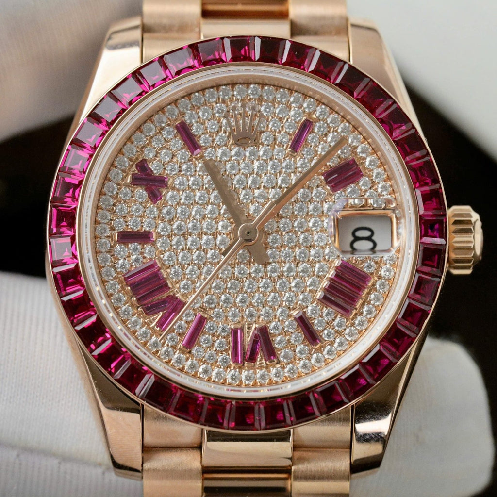 Rolex DateJust Women Gold Wrapped + Ruby Baguette + Diamonds Moissanite 31mm