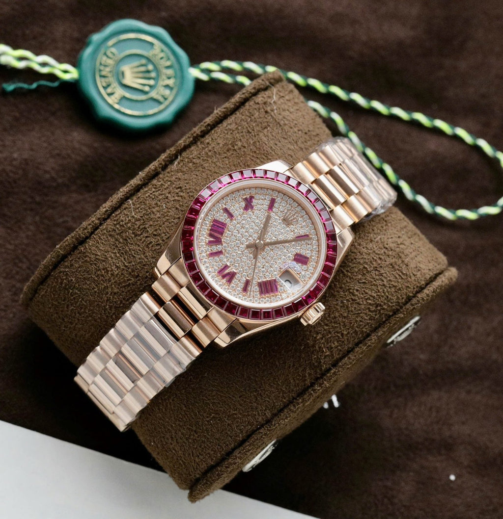 Rolex DateJust Women Gold Wrapped + Ruby Baguette + Diamonds Moissanite 31mm