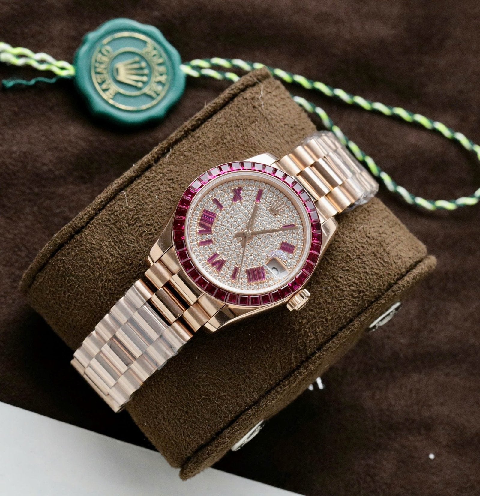 Rolex DateJust Women Gold Wrapped + Ruby Baguette + Diamonds Moissanite 31mm