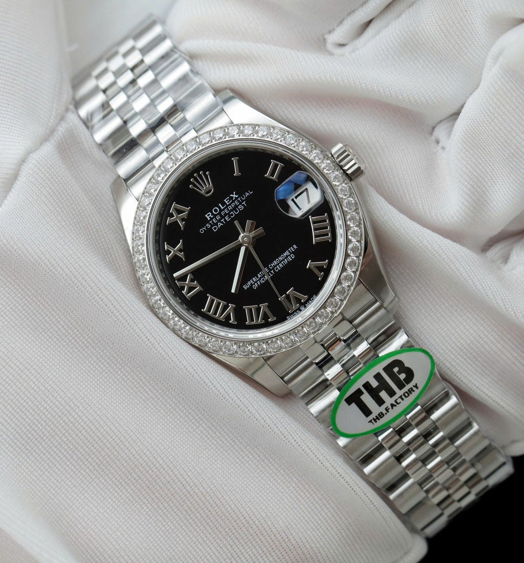 Rolex DateJust Watch Black Dial Bezel Moissanite Diamonds 31mm