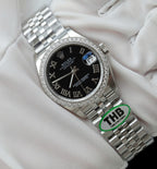 Rolex DateJust Watch Black Dial Bezel Moissanite Diamonds 31mm