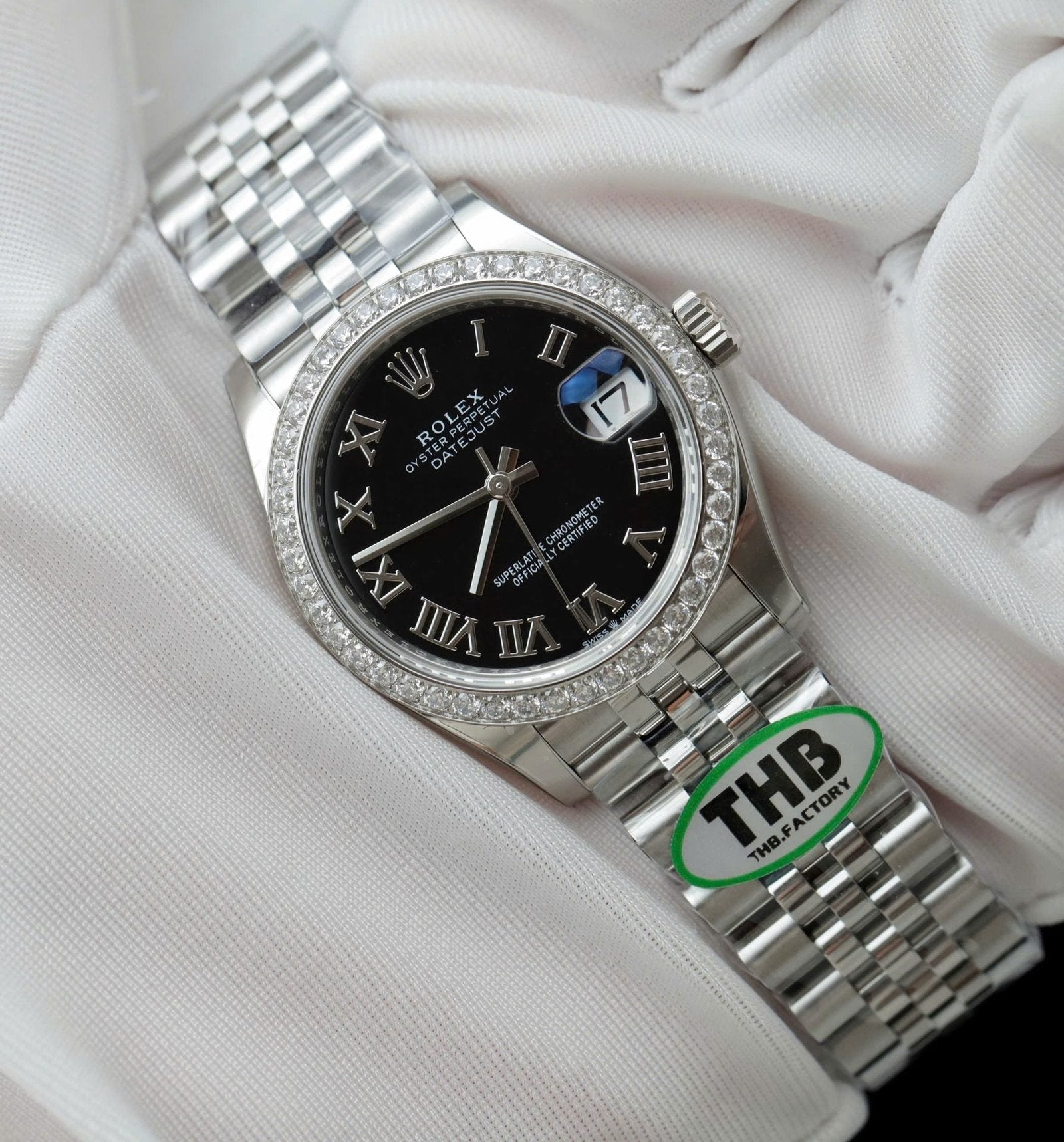 Rolex DateJust Watch Black Dial Bezel Moissanite Diamonds 31mm