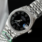 Rolex DateJust Watch Black Dial Bezel Moissanite Diamonds 31mm