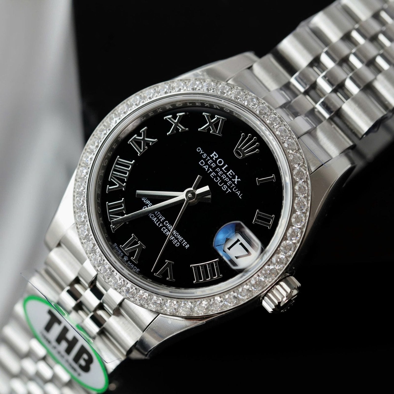 Rolex DateJust Watch Black Dial Bezel Moissanite Diamonds 31mm