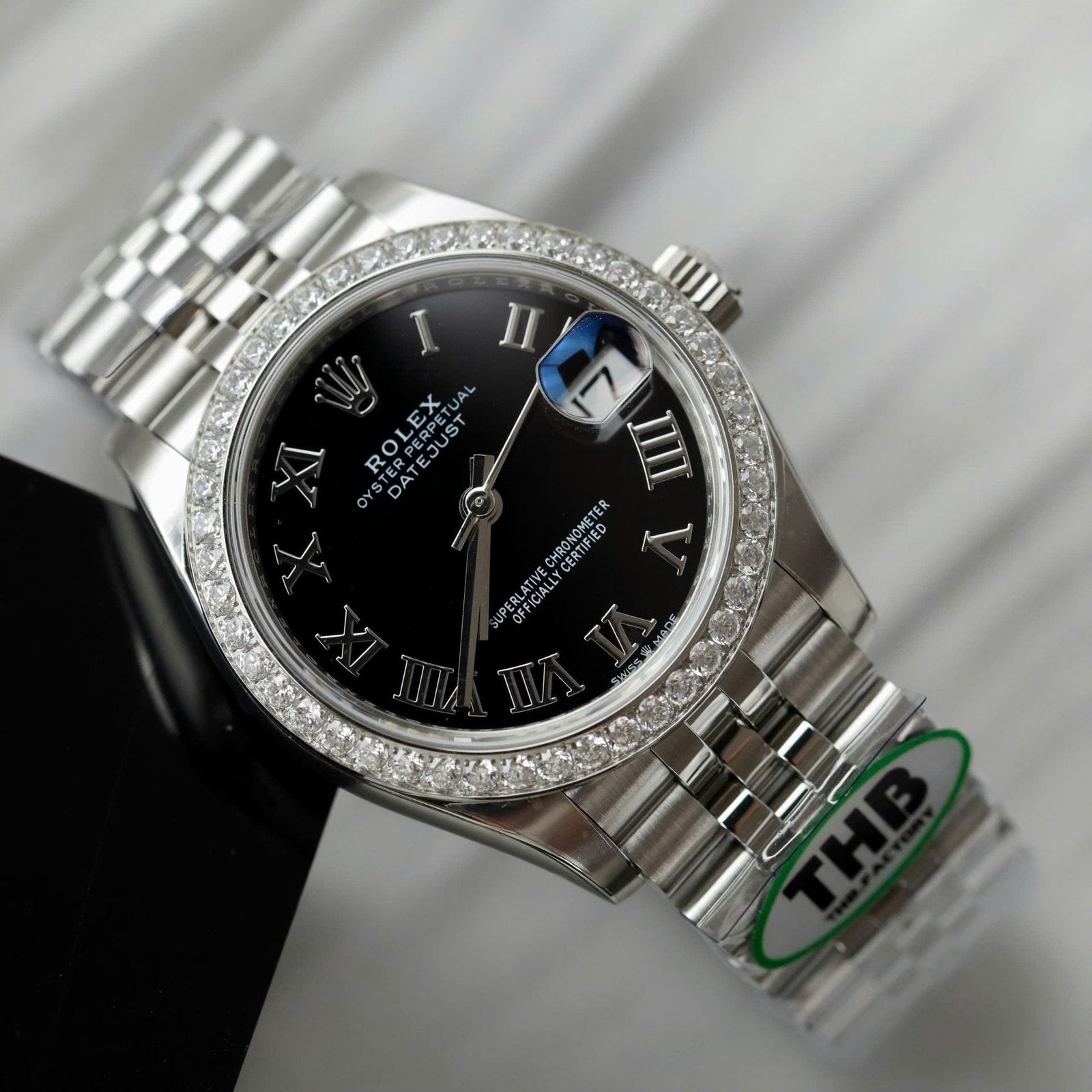 Rolex DateJust Watch Black Dial Bezel Moissanite Diamonds 31mm