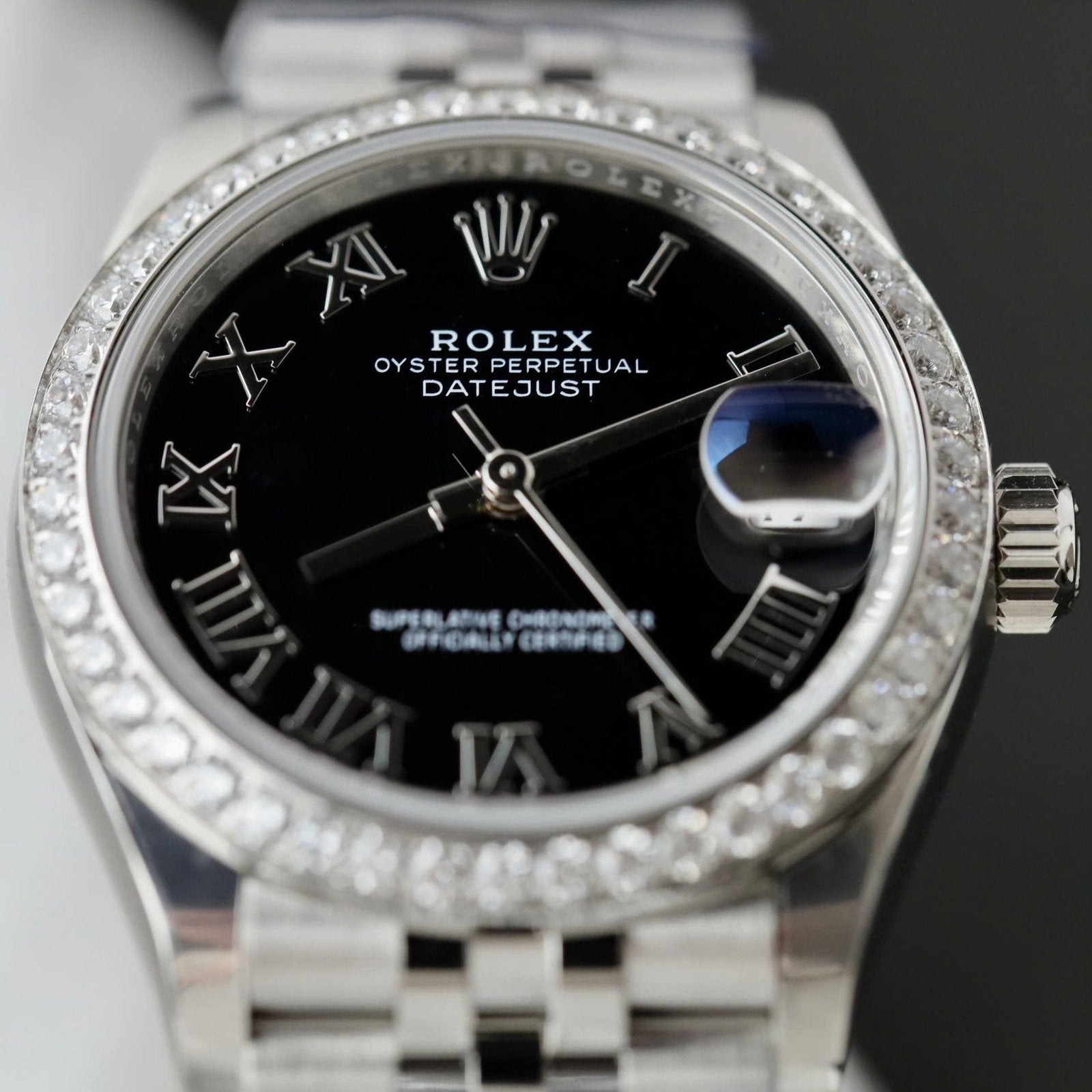 Rolex DateJust Watch Black Dial Bezel Moissanite Diamonds 31mm