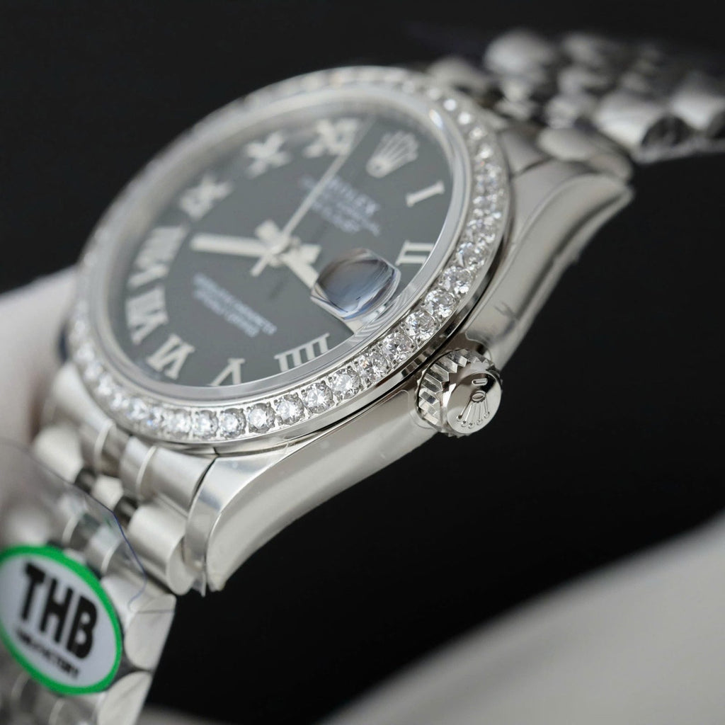 Rolex DateJust Watch Black Dial Bezel Moissanite Diamonds 31mm