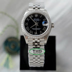 Rolex DateJust Watch Black Dial Bezel Moissanite Diamonds 31mm