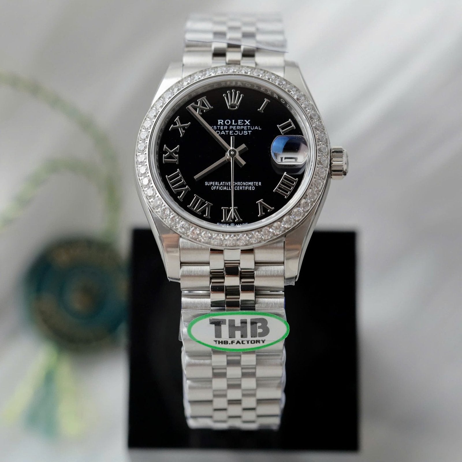 Rolex DateJust Watch Black Dial Bezel Moissanite Diamonds 31mm