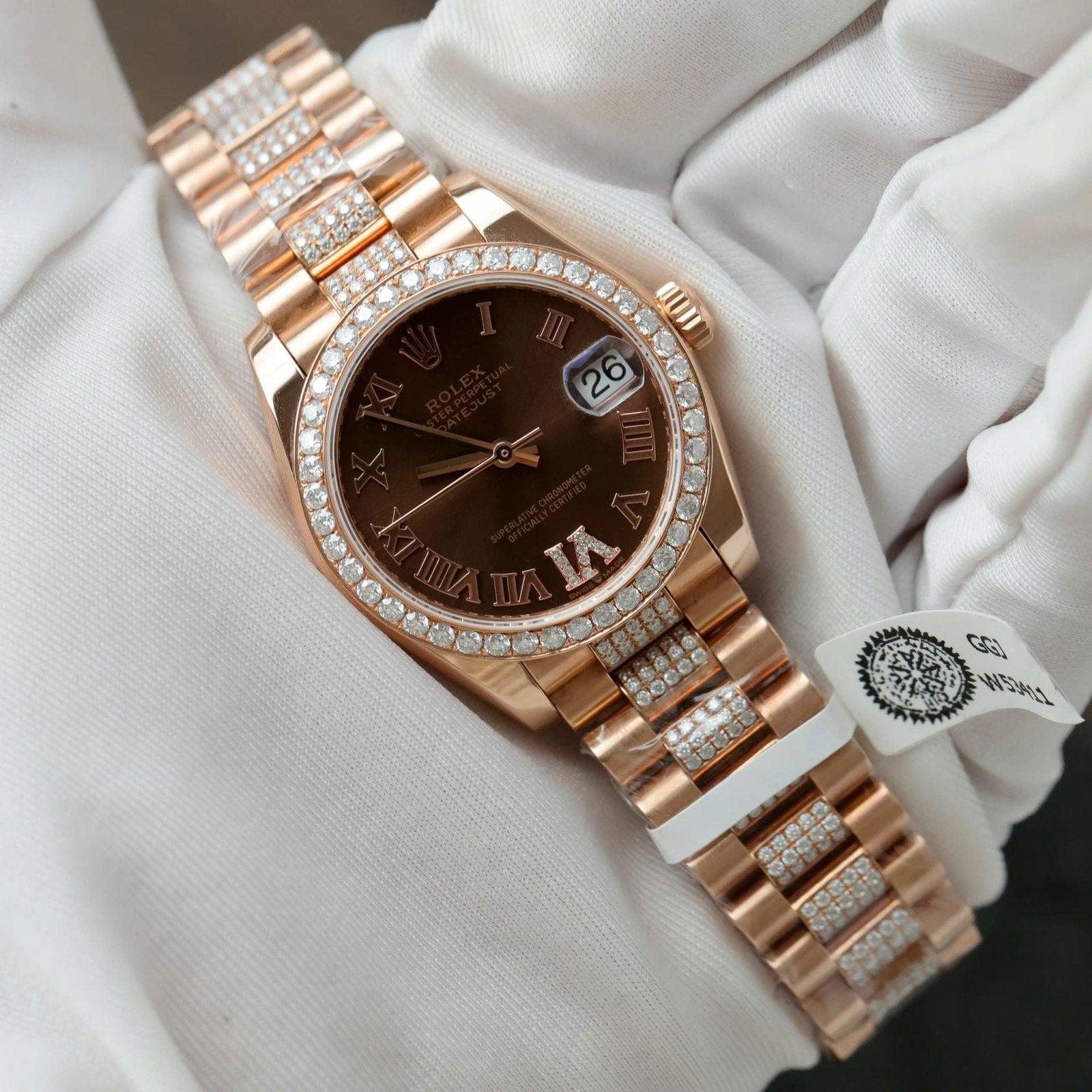 Rolex DateJust Women Dial Chocolate Watch Moissanite Diamonds + 18K Gold Wrapped 31mm