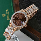 Rolex DateJust Women Dial Chocolate Watch Moissanite Diamonds + 18K Gold Wrapped 31mm
