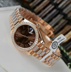 Rolex DateJust Women Dial Chocolate Watch Moissanite Diamonds + 18K Gold Wrapped 31mm