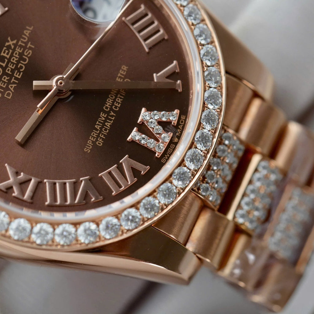 Rolex DateJust Women Dial Chocolate Watch Moissanite Diamonds + 18K Gold Wrapped 31mm