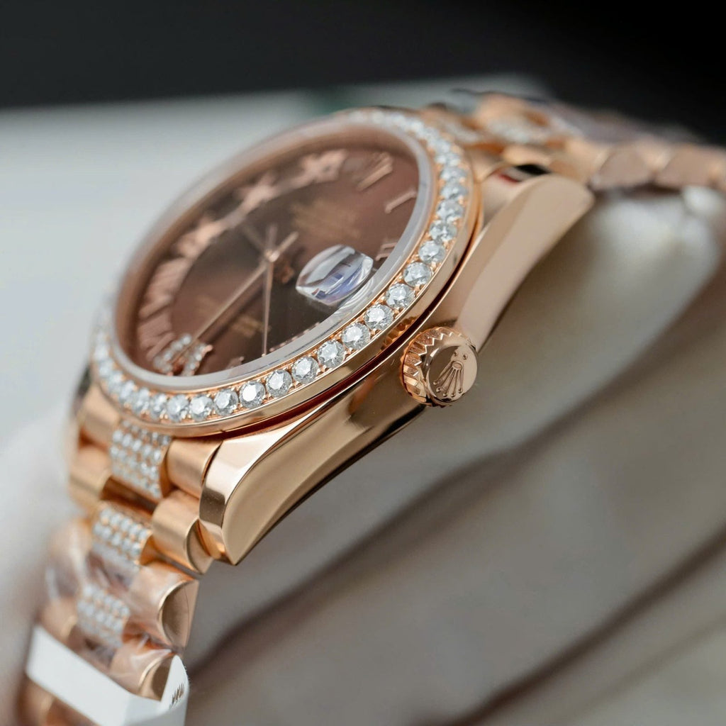 Rolex DateJust Women Dial Chocolate Watch Moissanite Diamonds + 18K Gold Wrapped 31mm