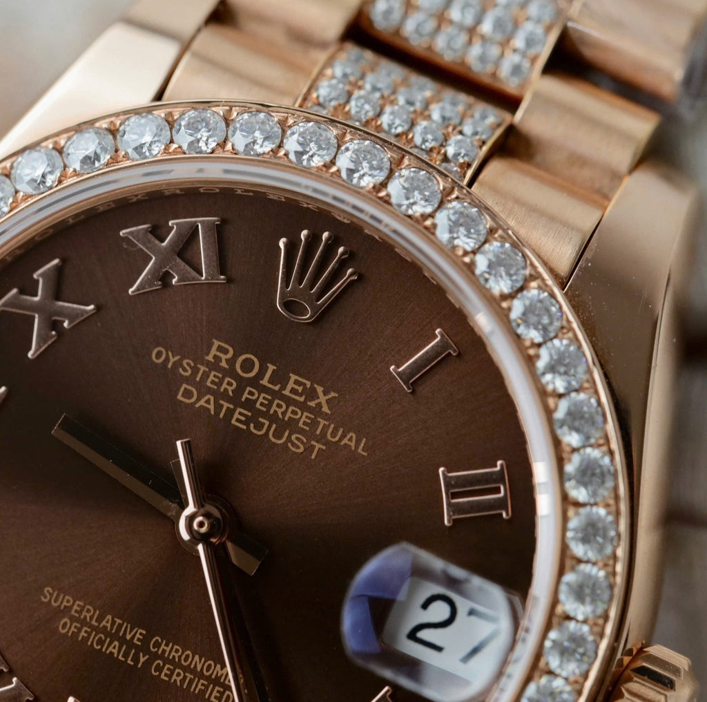 Rolex DateJust Women Dial Chocolate Watch Moissanite Diamonds + 18K Gold Wrapped 31mm
