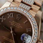 Rolex DateJust Women Dial Chocolate Watch Moissanite Diamonds + 18K Gold Wrapped 31mm
