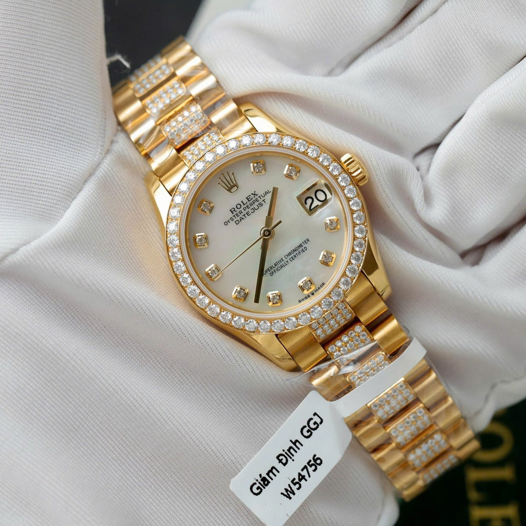 Rolex DateJust Women MOP Dial Watch 18K Gold Wrapped + Moissanite Diamonds 31mm