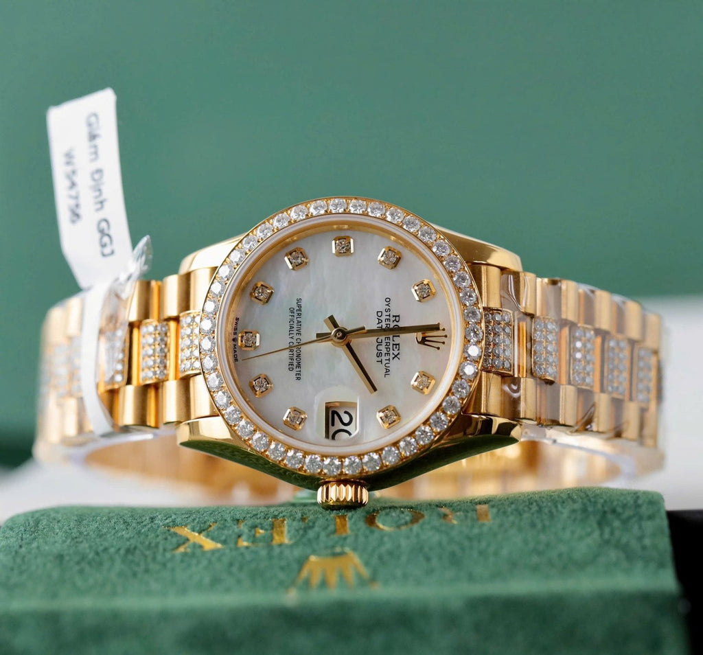 Rolex DateJust Women MOP Dial Watch 18K Gold Wrapped + Moissanite Diamonds 31mm