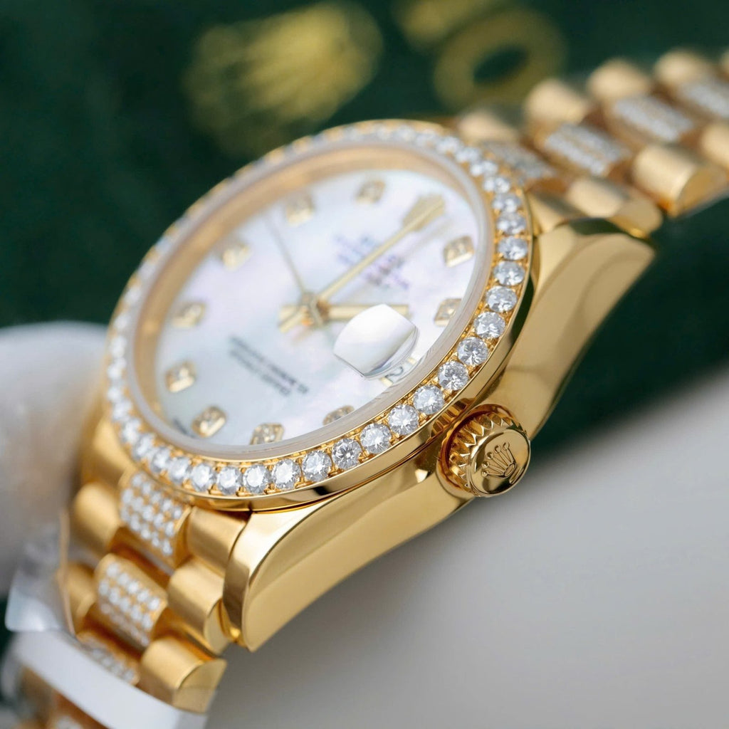 Rolex DateJust Women MOP Dial Watch 18K Gold Wrapped + Moissanite Diamonds 31mm