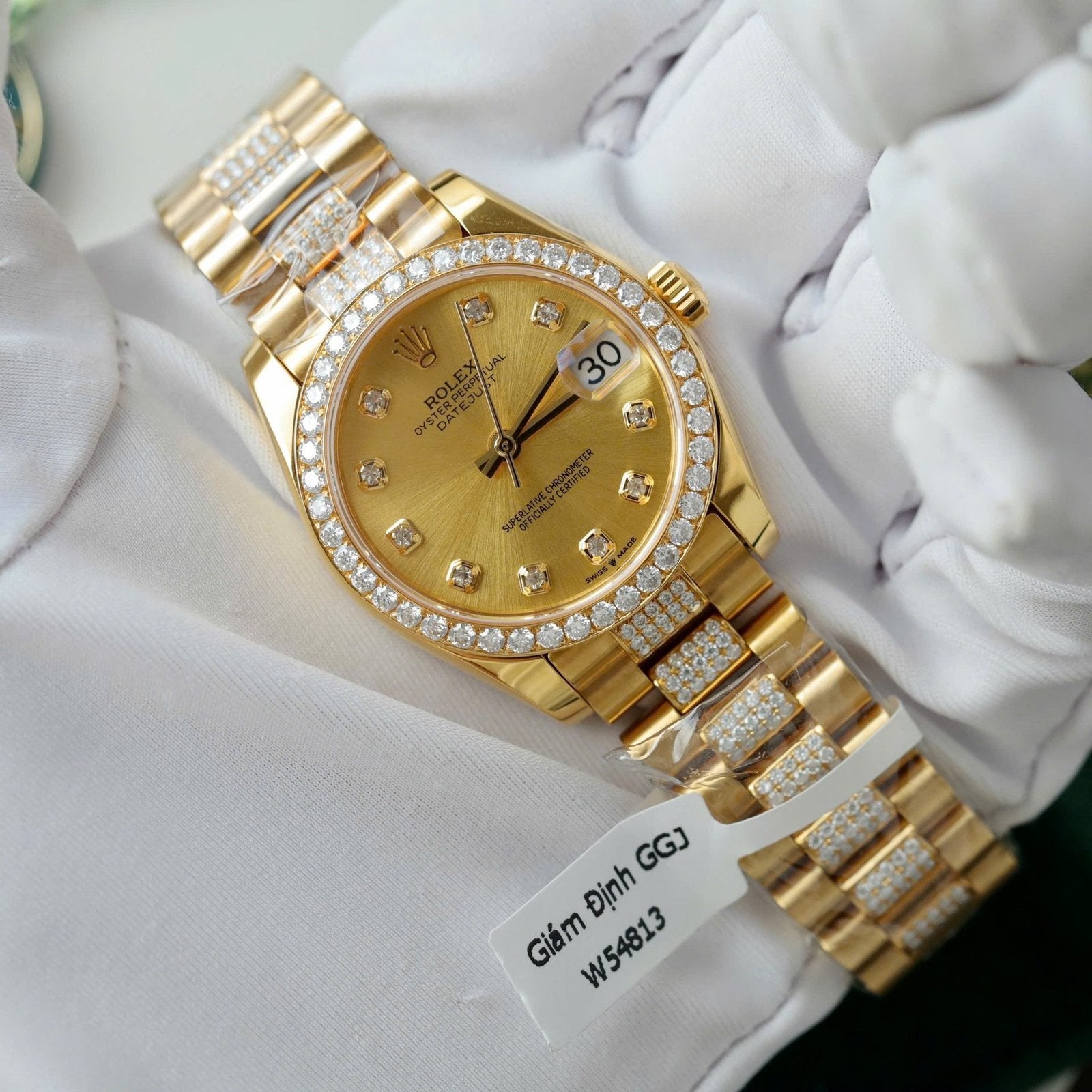 Rolex DateJust Women Dial Yellow Watch Gold Wrapped + Moissanite Diamonds 31mm
