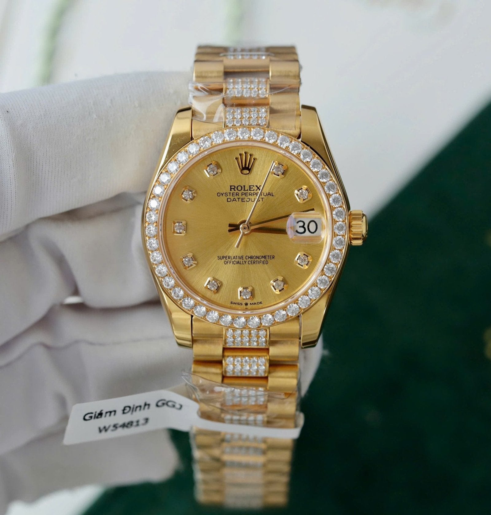 Rolex DateJust Women Dial Yellow Watch Gold Wrapped + Moissanite Diamonds 31mm