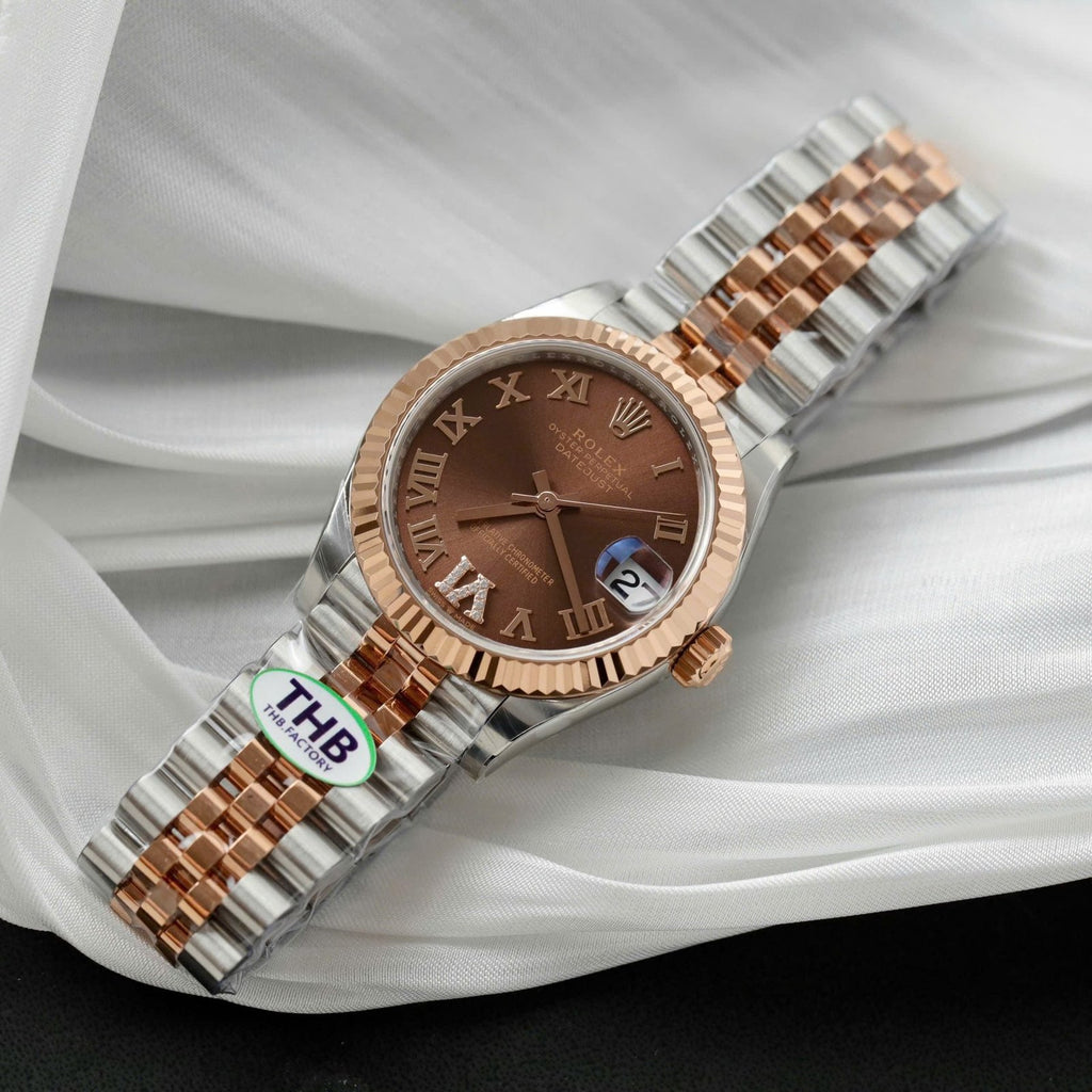 Rolex DateJust Women Demi Rose Gold Watch Chocolate Dial 31mm